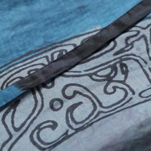 Black Sleeves Totem Pattern Blue Dress Ramie Tied Shift Dress
