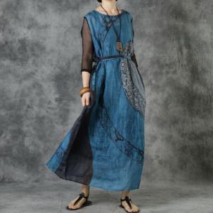 Black Sleeves Totem Pattern Blue Dress Ramie Tied Shift Dress