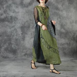 Ethnic Patterns Ramie Green Dress Lace Up Loose Dress for Senior Women