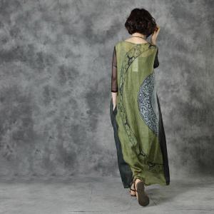 Ethnic Patterns Ramie Green Dress Lace Up Loose Dress for Senior Women