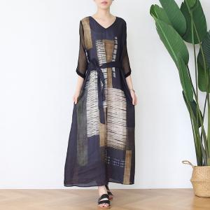 V-Neck Abstract Pattern Black Tie Knot Dress Ramie Loose Maxi Dress