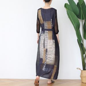 V-Neck Abstract Pattern Black Tie Knot Dress Ramie Loose Maxi Dress