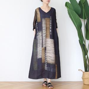 V-Neck Abstract Pattern Black Tie Knot Dress Ramie Loose Maxi Dress