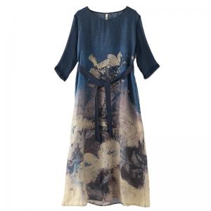 Beautiful Printing Tied Chinese Dress Silk Sleeves Vintage Maxi Dress