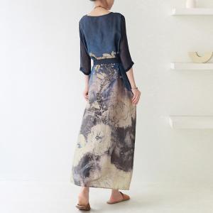 Beautiful Printing Tied Chinese Dress Silk Sleeves Vintage Maxi Dress