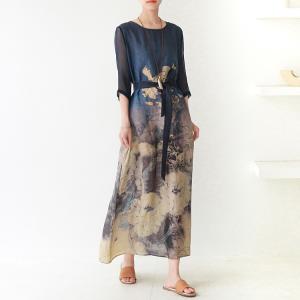 Beautiful Printing Tied Chinese Dress Silk Sleeves Vintage Maxi Dress