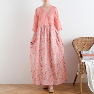 High-Waist Ditsy Floral Dress V-Neck Ramie Pink Maxi Dress