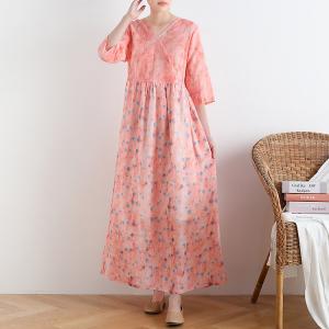 High-Waist Ditsy Floral Dress V-Neck Ramie Pink Maxi Dress
