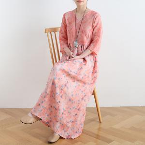 High-Waist Ditsy Floral Dress V-Neck Ramie Pink Maxi Dress