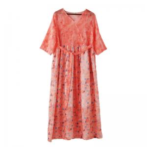 High-Waist Ditsy Floral Dress V-Neck Ramie Pink Maxi Dress