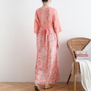 High-Waist Ditsy Floral Dress V-Neck Ramie Pink Maxi Dress