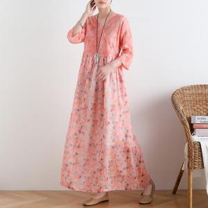 High-Waist Ditsy Floral Dress V-Neck Ramie Pink Maxi Dress