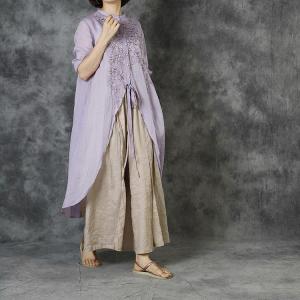 Solid Color Asymmetrical Long Tunic Embroidery Shirt Womens