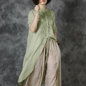 Solid Color Asymmetrical Long Tunic Embroidery Shirt Womens