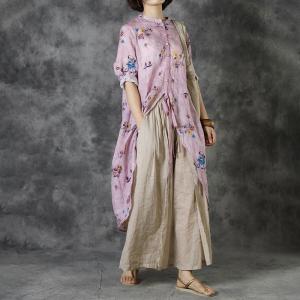 Flowers Printed Drawstring Tunic Top Asymmetrical Ramie Clothing