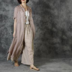 Minimalist Style Long Embroidered Shirt Button Down Ramie Outerwear