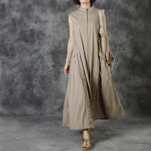 Stand Collar Sleeveless Shirt Dress Cotton Linen Maxi A-Line Dress