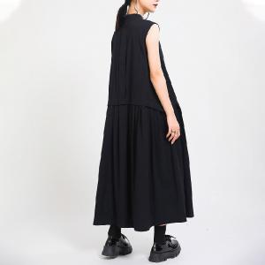 Stand Collar Sleeveless Shirt Dress Cotton Linen Maxi A-Line Dress