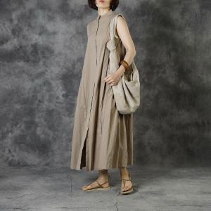 Stand Collar Sleeveless Shirt Dress Cotton Linen Maxi A-Line Dress