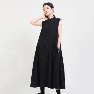 Stand Collar Sleeveless Shirt Dress Cotton Linen Maxi A-Line Dress