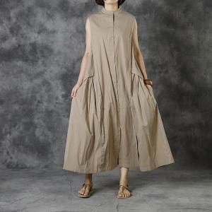 Stand Collar Sleeveless Shirt Dress Cotton Linen Maxi A-Line Dress