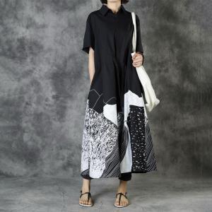 High-Waist Drawstring Designer Dress Abstract Pattern Oversized Shirt Dress