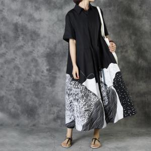 High-Waist Drawstring Designer Dress Abstract Pattern Oversized Shirt Dress