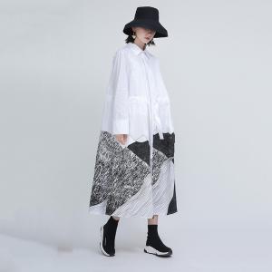 High-Waist Drawstring Designer Dress Abstract Pattern Oversized Shirt Dress