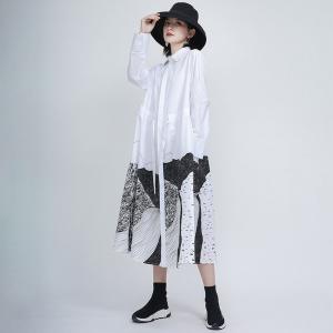 High-Waist Drawstring Designer Dress Abstract Pattern Oversized Shirt Dress