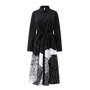 High-Waist Drawstring Designer Dress Abstract Pattern Oversized Shirt Dress