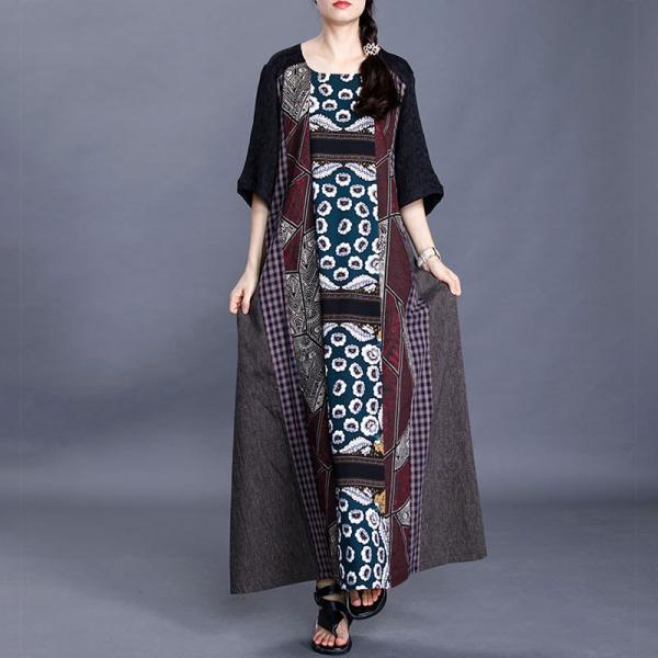 Relax-Fit Cotton Linen Ethnic Dress Printed Patchwork Church Dress