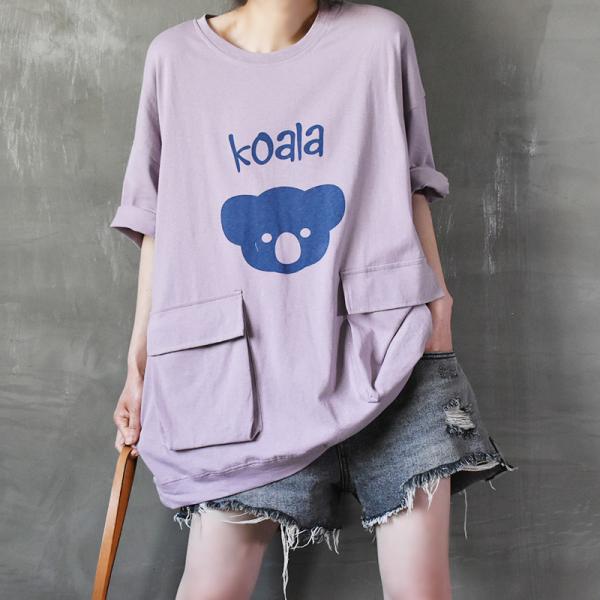 Big Flap Pockets Korean T-shirt Cute Koala Cotton Oversized Pullover