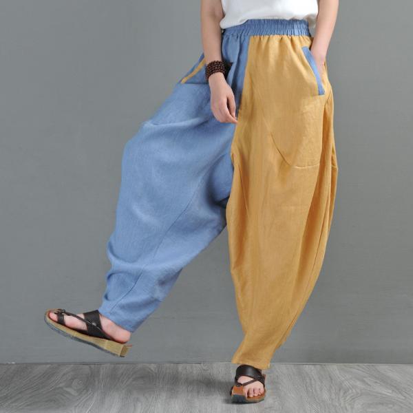 Contrasting Color Linen Customized Pants Baggy Hippie Pants for Women