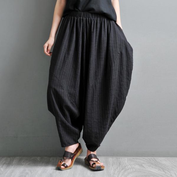 Baggy-Fit Black Harem Yoga Pants Cotton Linen Elephant Pants