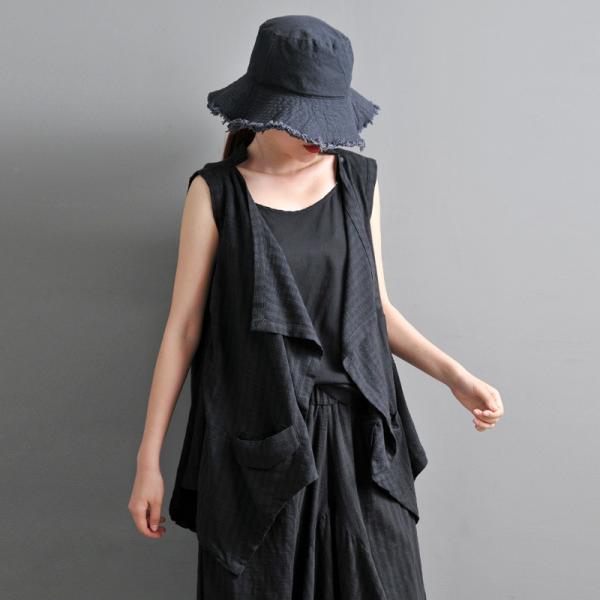Asymmetrical Cotton Linen Black Waistcoat  Flouncing Designer Tank