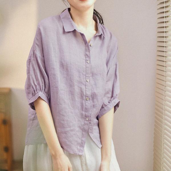 Puff Sleeve Ramie Loose Blouse Violet Dressy Shirt