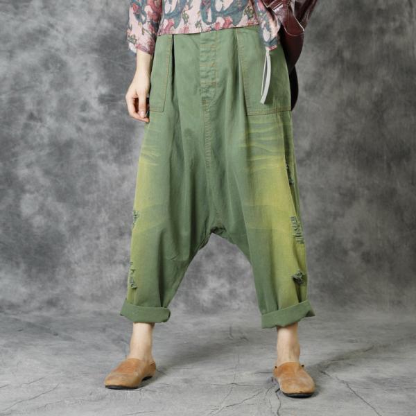 Green Gradient Ripped Dhoti Pants Fashion Cotton Hippie Pants