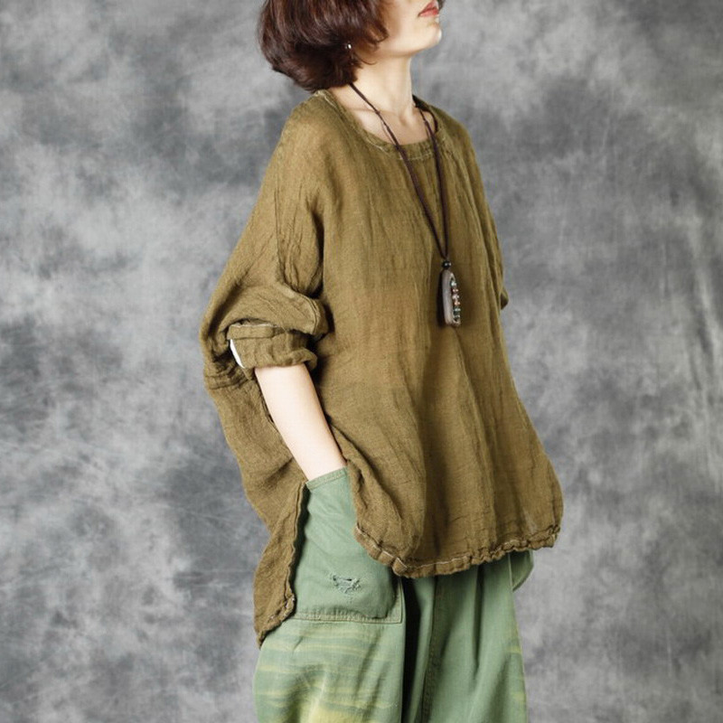 Crew Neck Pleated Flax Clothing Long Sleeve Linen Tunic for Women in