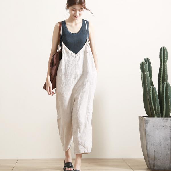 Loose Wide Leg Overalls V-Neck Spaghetti Straps Linen One Piece