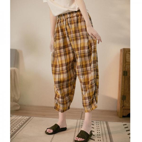 Baggy-Fit Yellow Tartan Pants Linen Casual Cropped Pants