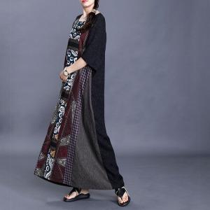 Relax-Fit Cotton Linen Ethnic Dress Printed Patchwork Church Dress