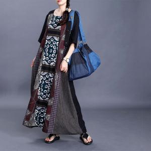 Relax-Fit Cotton Linen Ethnic Dress Printed Patchwork Church Dress