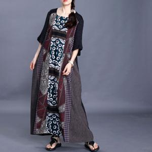 Relax-Fit Cotton Linen Ethnic Dress Printed Patchwork Church Dress