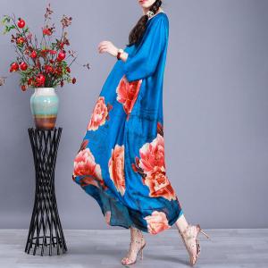 Colorful Flowers Loose Shift Dress Half Sleeve Silky Vintage Dress