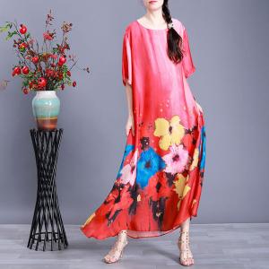 Colorful Flowers Loose Shift Dress Half Sleeve Silky Vintage Dress