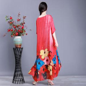Colorful Flowers Loose Shift Dress Half Sleeve Silky Vintage Dress