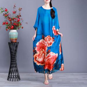 Colorful Flowers Loose Shift Dress Half Sleeve Silky Vintage Dress