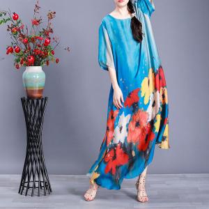 Colorful Flowers Loose Shift Dress Half Sleeve Silky Vintage Dress