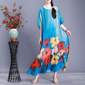 Colorful Flowers Loose Shift Dress Half Sleeve Silky Vintage Dress