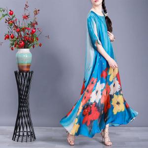 Colorful Flowers Loose Shift Dress Half Sleeve Silky Vintage Dress